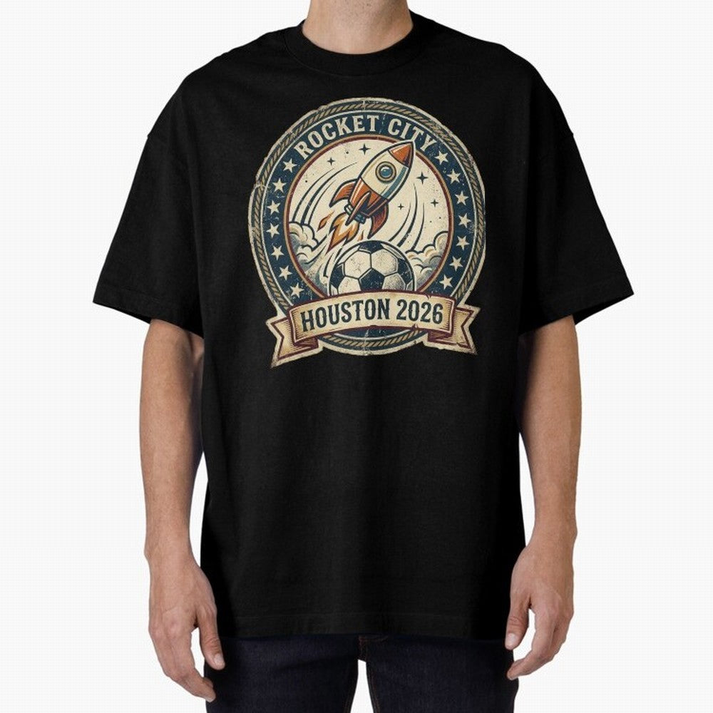 Houston 2026 World Cup Host City Vintage Football Badge ¡ª Rocket City Space Soccer Crest Design Oversized T-Shirt Capture Stadium Memories from FIFA World Cup 2026 USA Canada Mexico with CR7 and Messi, Argentina and Brazil Energy, Stadium Chants,