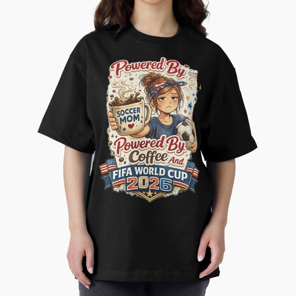 Funny USA Football Design Soccer Mom Powered By Coffee And FIFA World Cup 2026 Oversized T-Shirt Turn Football Passion into FIFA World Cup 2026 Group Stage Spirit, Inspired by Argentina, CR7 and Messi, Match Day Excitement, Supporter Culture,
