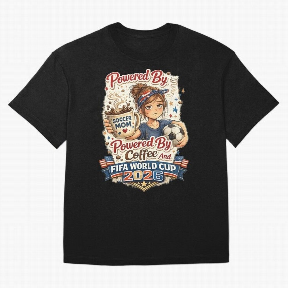 Funny USA Football Design Soccer Mom Powered By Coffee And FIFA World Cup 2026 Oversized T-Shirt Turn Football Passion into FIFA World Cup 2026 Group Stage Spirit, Inspired by Argentina, CR7 and Messi, Match Day Excitement, Supporter Culture,
