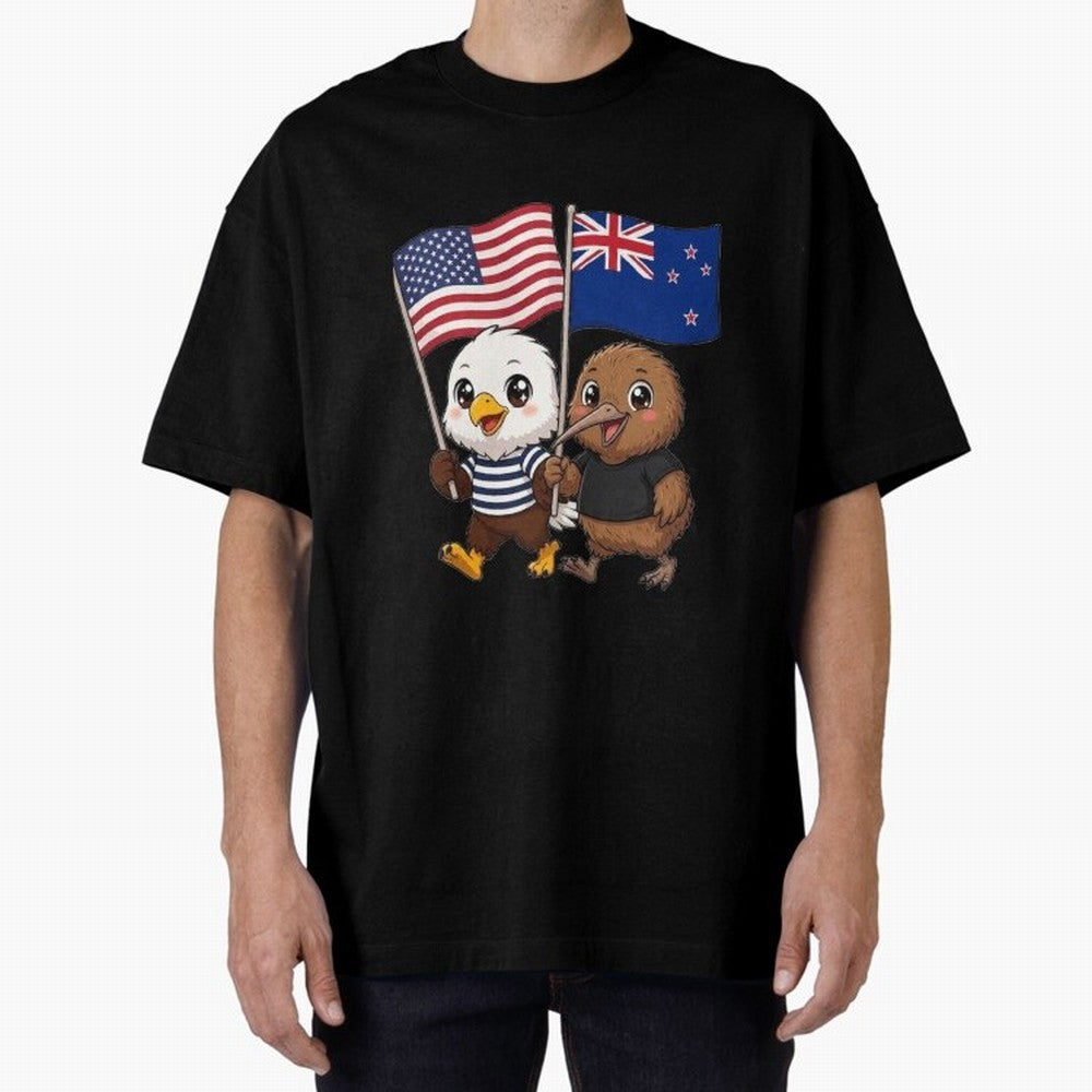 the American eagle and its friend the New Zealand kiwi Oversized T-Shirt Celebrate Golden Goal Energy in FIFA World Cup 2026 USA Canada Mexico for Fans of Mbappe and Neymar and England and Germany, Bringing Game Day Rituals, Football Legends,