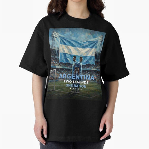 Argentina Two Legends One Nation - World Cup 2026 Soccer Fan Tee Oversized T-Shirt Carry the Colors and Pride of FIFA World Cup 2026 USA Canada Mexico for Fans of CR7 and England, France and Netherlands, Bringing Match Day Excitement, Supporter