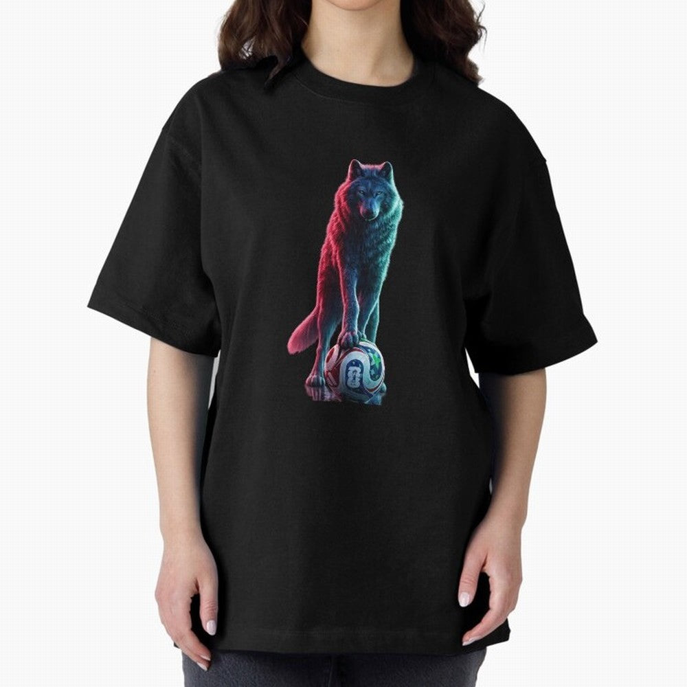 Neon Alpha Wolf with Soccer Ball | Futuristic Sports Fantasy Art Oversized T-Shirt Experience the FIFA World Cup 2026 Journey through Cristiano Ronaldo, Haaland and CR7 Highlights, Germany Pride, Global Supporter Spirit, Legendary Goals, National