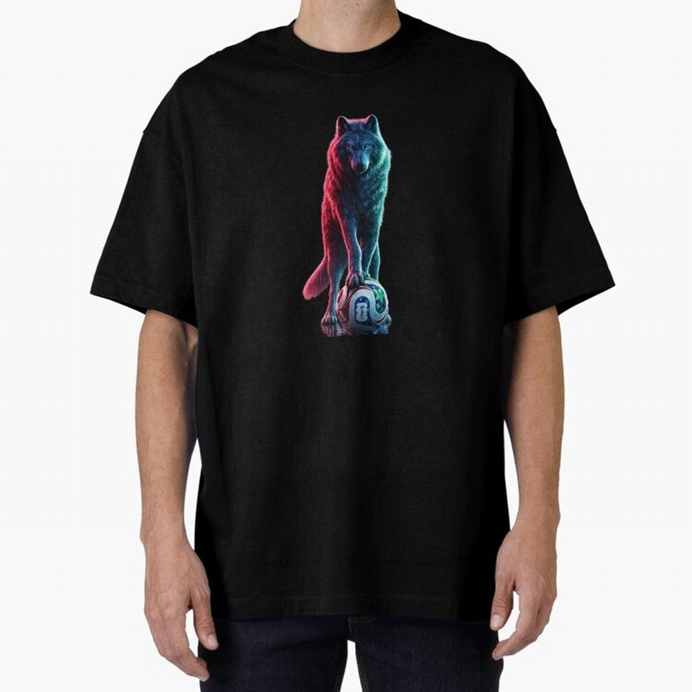 Neon Alpha Wolf with Soccer Ball | Futuristic Sports Fantasy Art Oversized T-Shirt Experience the FIFA World Cup 2026 Journey through Cristiano Ronaldo, Haaland and CR7 Highlights, Germany Pride, Global Supporter Spirit, Legendary Goals, National