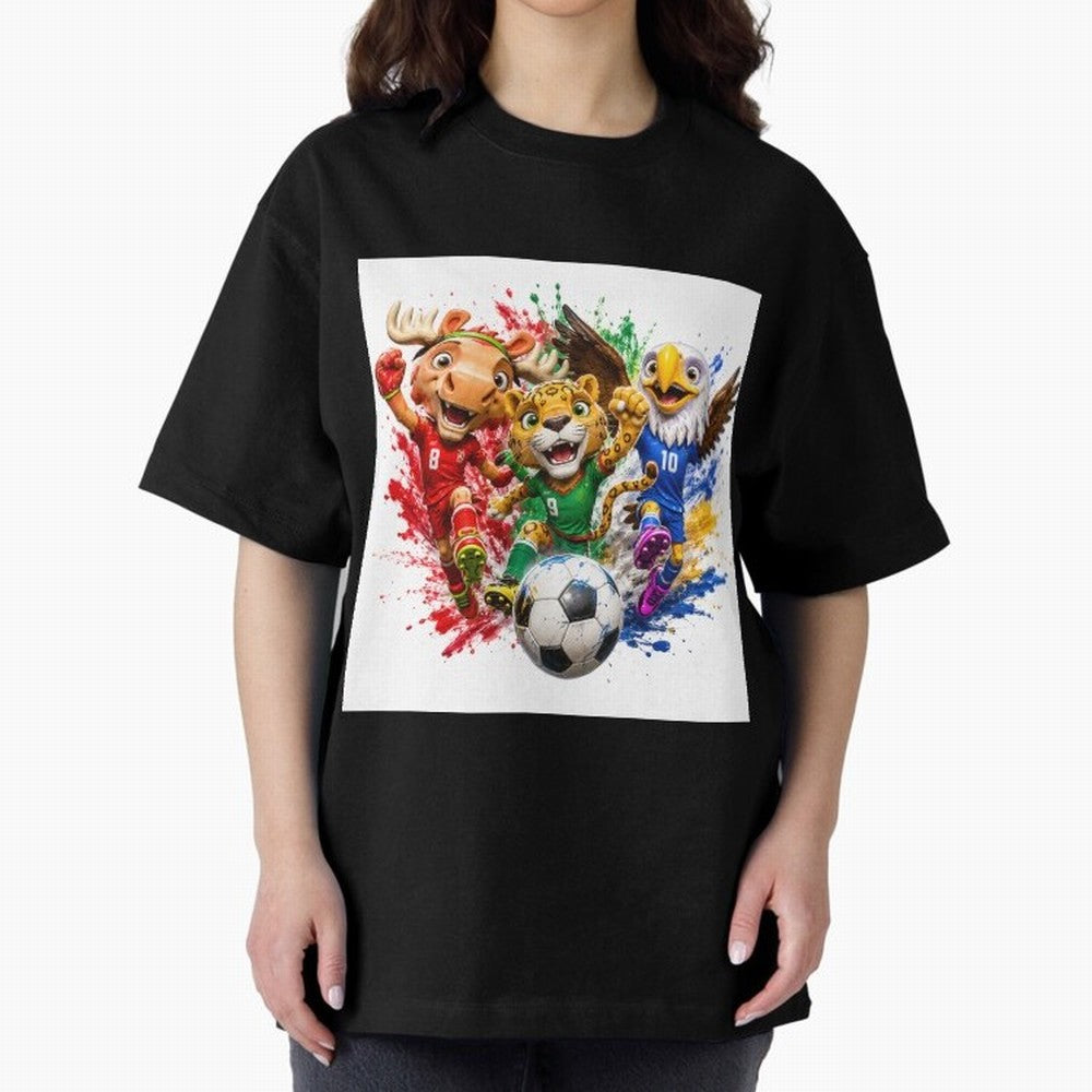 World Football Mascots ¨C Ultimate Soccer Fan Cartoon Design Oversized T-Shirt Stand with Match Day Hype around FIFA World Cup 2026 Group Stage, Messi and Cristiano Ronaldo, England, Fan Favorite Moments, National Team Passion, Big Match Drama and