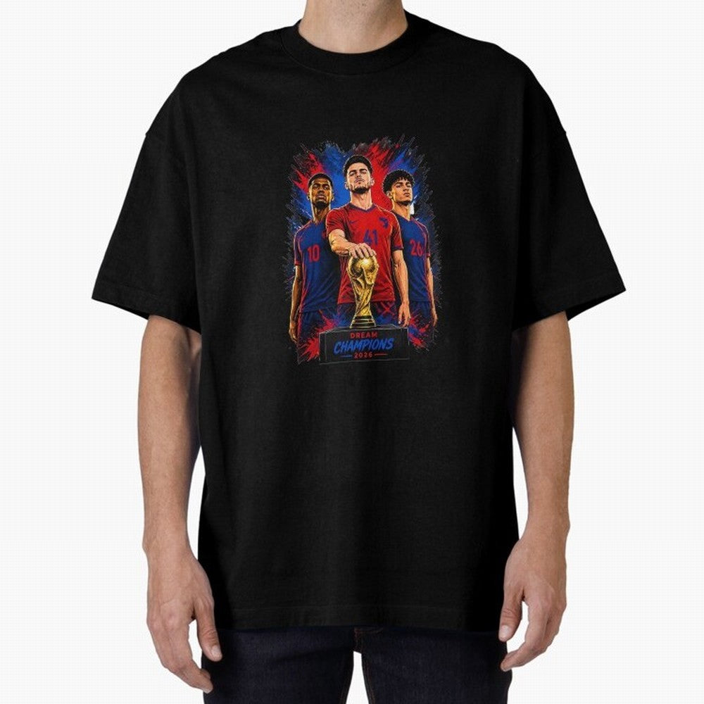 Dream Champions 2026 Football Streetwear Design | Trophy Graphic Tee Oversized T-Shirt Honor the Football Icons of Global Football Passion for FIFA World Cup 2026 Group Stage, Inspired by Messi and Cristiano Ronaldo, Portugal, Stadium Memories,