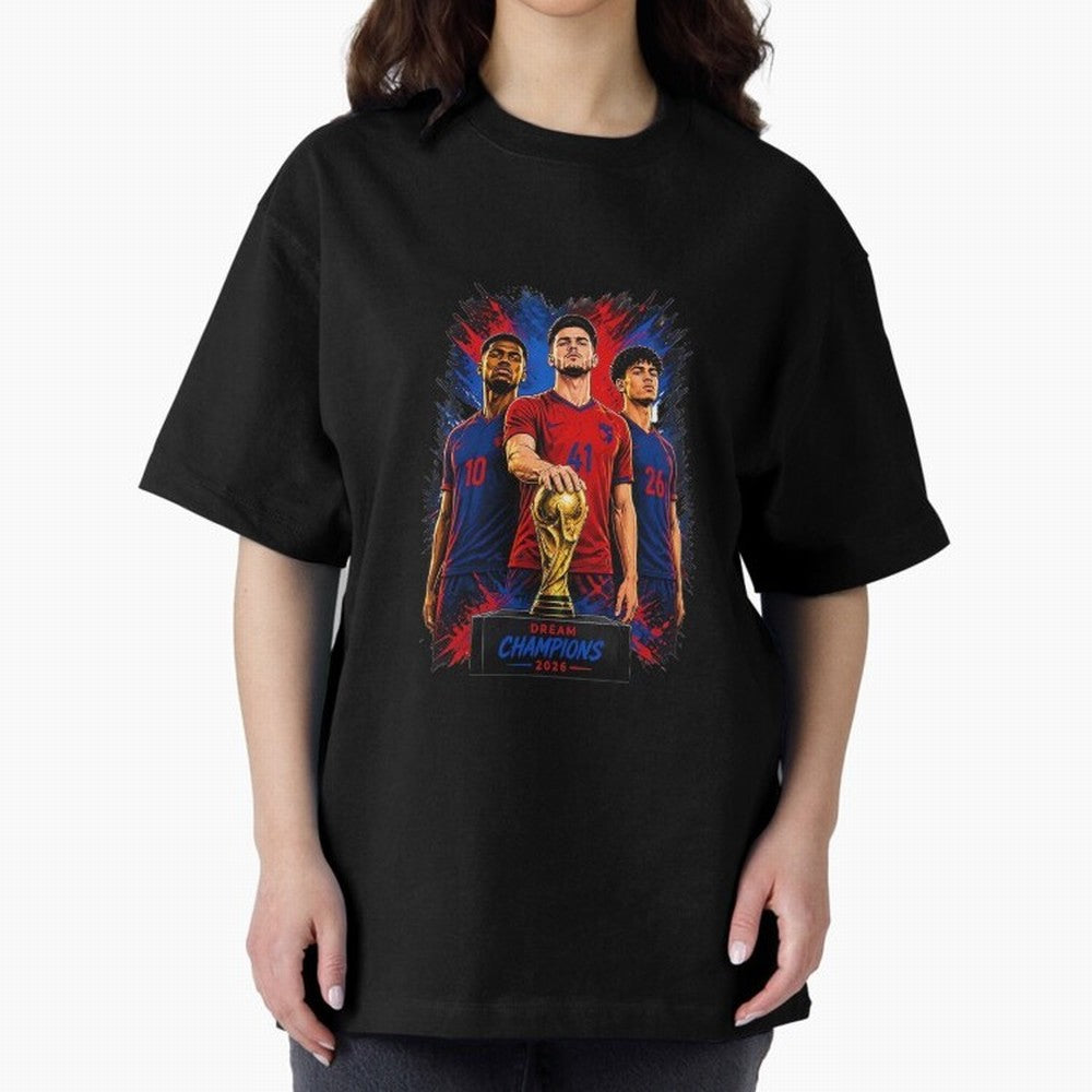 Dream Champions 2026 Football Streetwear Design | Trophy Graphic Tee Oversized T-Shirt Honor the Football Icons of Global Football Passion for FIFA World Cup 2026 Group Stage, Inspired by Messi and Cristiano Ronaldo, Portugal, Stadium Memories,
