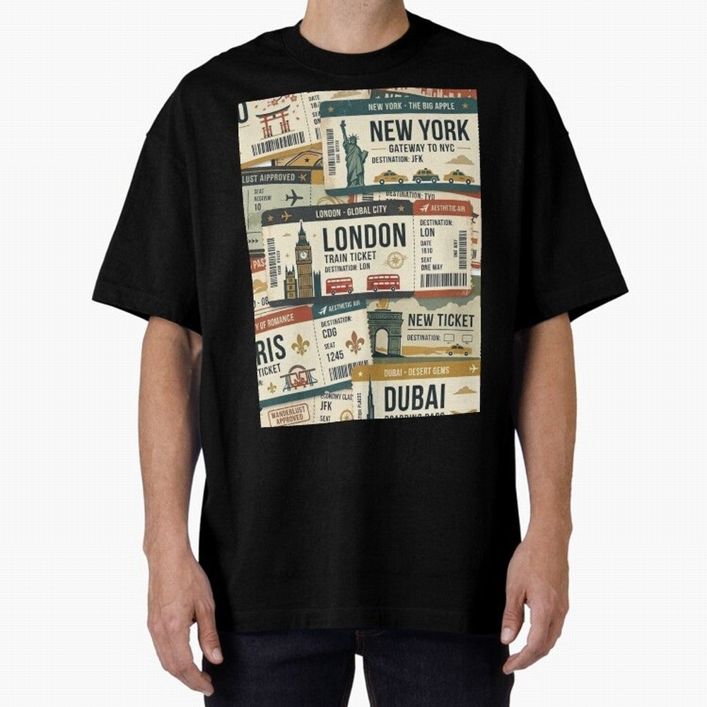World Travel Ticket Aesthetic Collage Global City Vibes Oversized T-Shirt Show Your Tournament Heart for Global Football Passion for FIFA World Cup 2026 USA Canada Mexico, Highlighting Messi, CR7 and Mbappe, France, Goal Celebration Energy,