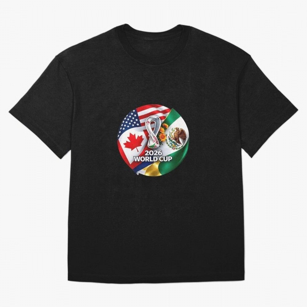 Host Trio Flags Circular Emblem Oversized T-Shirt Turn Up for FIFA World Cup 2026 USA Canada Mexico Driven by Messi and Cristiano Ronaldo, Portugal, Spain and Germany Energy, Championship Spirit, Famous Goals, Roaring Crowds and International