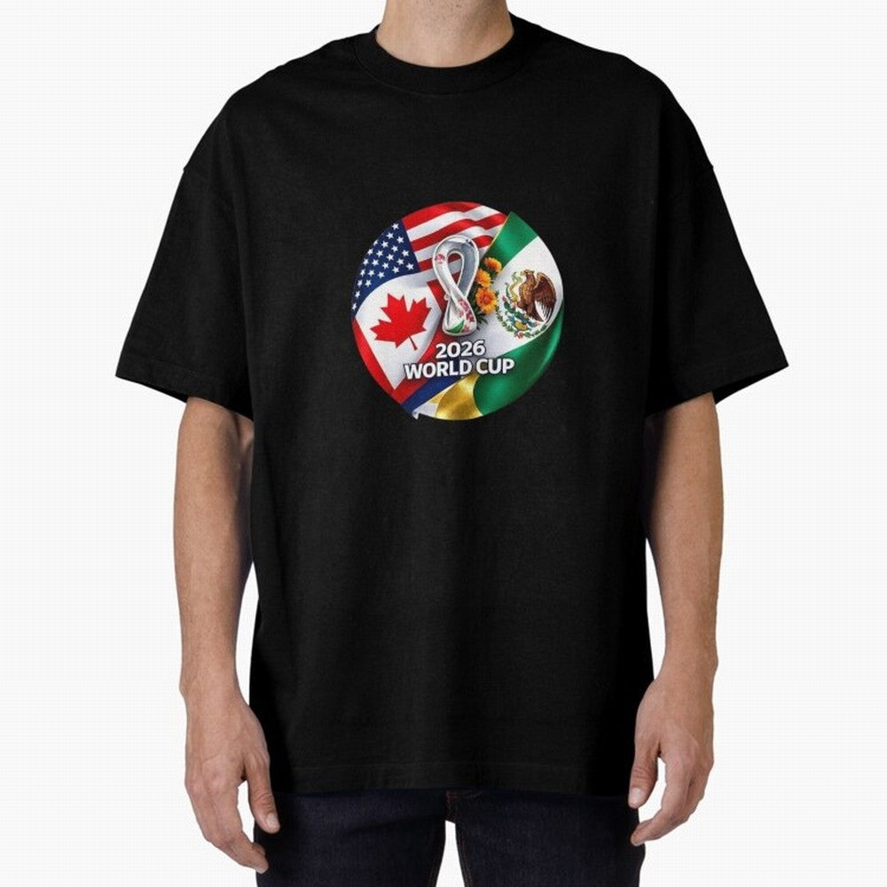 Host Trio Flags Circular Emblem Oversized T-Shirt Turn Up for FIFA World Cup 2026 USA Canada Mexico Driven by Messi and Cristiano Ronaldo, Portugal, Spain and Germany Energy, Championship Spirit, Famous Goals, Roaring Crowds and International