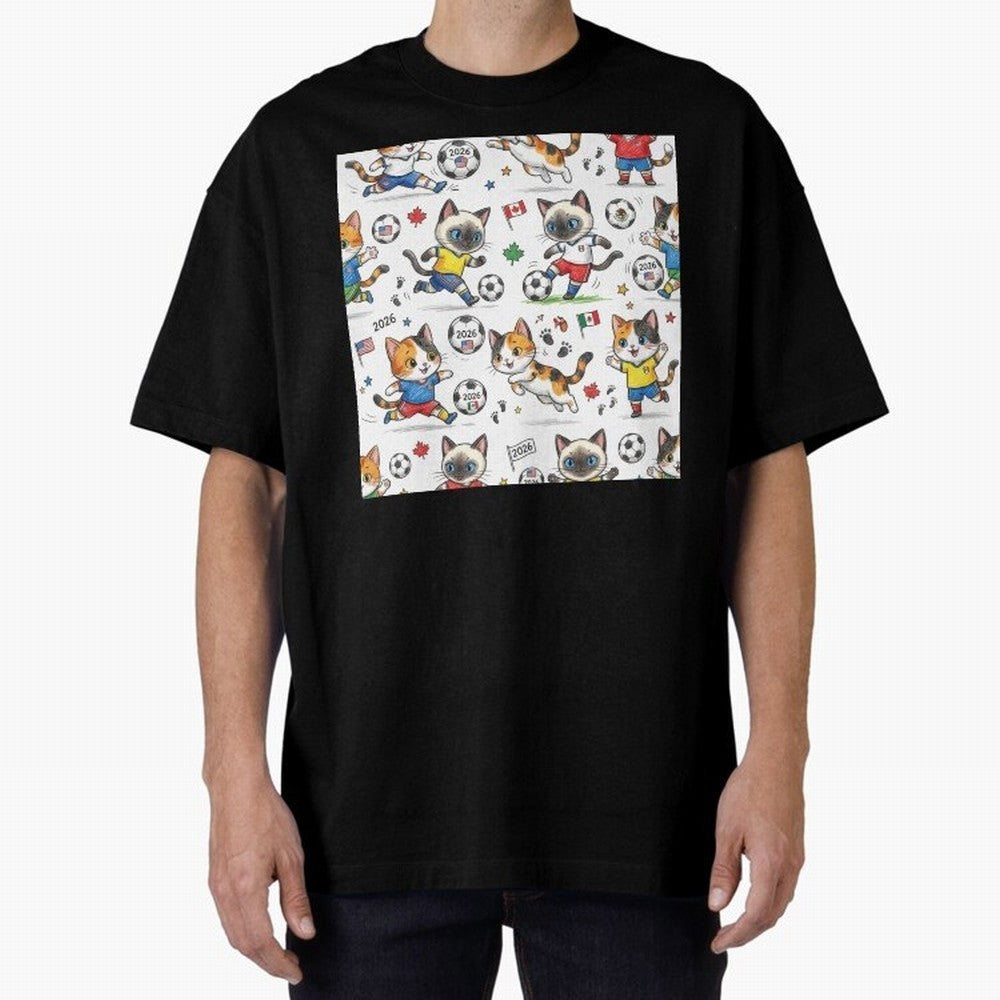 Chibi Soccer Cats 2026 - Cute Football Kittens Pattern Oversized T-Shirt Remember Iconic Moments from FIFA World Cup 2026 Filled with Neymar, Brazil Energy, Global Supporter Spirit, Legendary Goals, National Colors and Tournament Celebration; Built