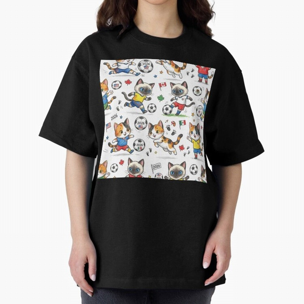 Chibi Soccer Cats 2026 - Cute Football Kittens Pattern Oversized T-Shirt Remember Iconic Moments from FIFA World Cup 2026 Filled with Neymar, Brazil Energy, Global Supporter Spirit, Legendary Goals, National Colors and Tournament Celebration; Built