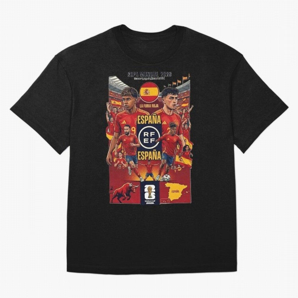 Spain 2026 ¨C La Furia Roja World Cup Poster Oversized T-Shirt Celebrate National Team Dreams in FIFA World Cup 2026 Group Stage Spirit, with Germany, Haaland, Global Supporter Spirit, Legendary Goals, National Colors and Tournament Celebration;
