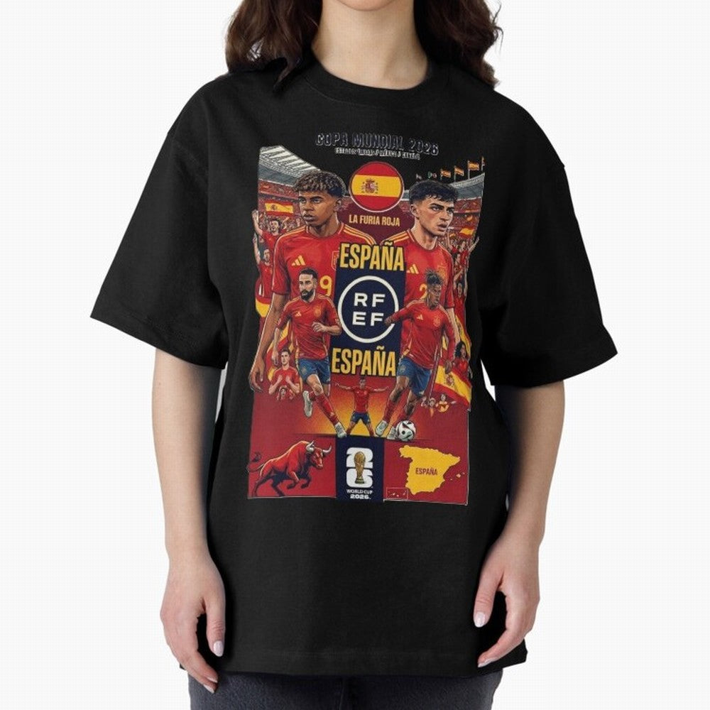 Spain 2026 ¨C La Furia Roja World Cup Poster Oversized T-Shirt Celebrate National Team Dreams in FIFA World Cup 2026 Group Stage Spirit, with Germany, Haaland, Global Supporter Spirit, Legendary Goals, National Colors and Tournament Celebration;