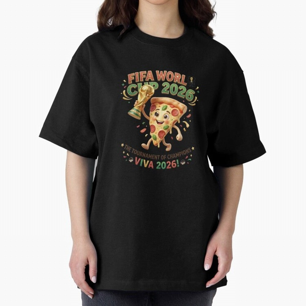 Happy Pizza Character Holding World Cup 2026 Trophy Oversized T-Shirt Feel the Heartbeat of Match Day Hype around FIFA World Cup 2026, Haaland, Germany, Game Day Rituals, Football Legends, Country Pride and the Road to the Final; Great for