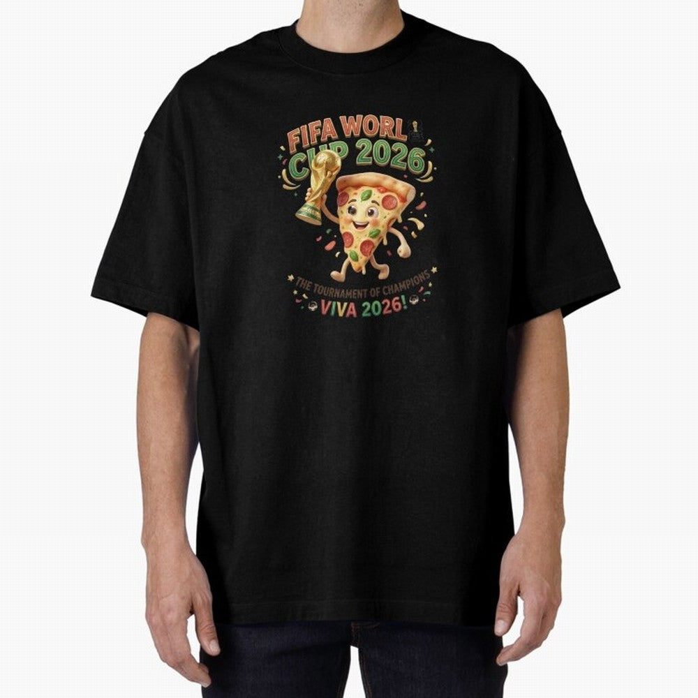 Happy Pizza Character Holding World Cup 2026 Trophy Oversized T-Shirt Feel the Heartbeat of Match Day Hype around FIFA World Cup 2026, Haaland, Germany, Game Day Rituals, Football Legends, Country Pride and the Road to the Final; Great for
