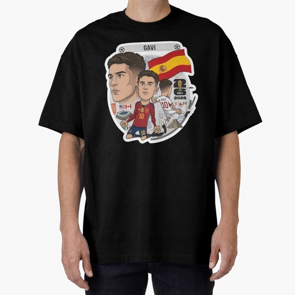Gavi Spain National Team Football Cartoon Illustration Oversized T-Shirt Back Your Heroes with Match Day Hype around FIFA World Cup 2026, Messi, Neymar and Mbappe, Brazil, Portugal and Argentina, Football History, Final Match Energy, Crowd Noise