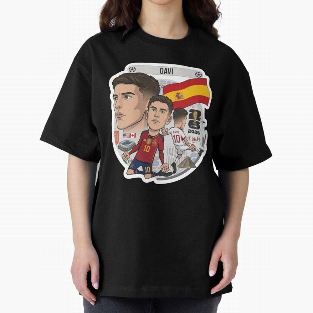 Gavi Spain National Team Football Cartoon Illustration Oversized T-Shirt Back Your Heroes with Match Day Hype around FIFA World Cup 2026, Messi, Neymar and Mbappe, Brazil, Portugal and Argentina, Football History, Final Match Energy, Crowd Noise