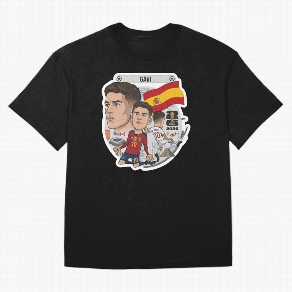 Gavi Spain National Team Football Cartoon Illustration Oversized T-Shirt Back Your Heroes with Match Day Hype around FIFA World Cup 2026, Messi, Neymar and Mbappe, Brazil, Portugal and Argentina, Football History, Final Match Energy, Crowd Noise