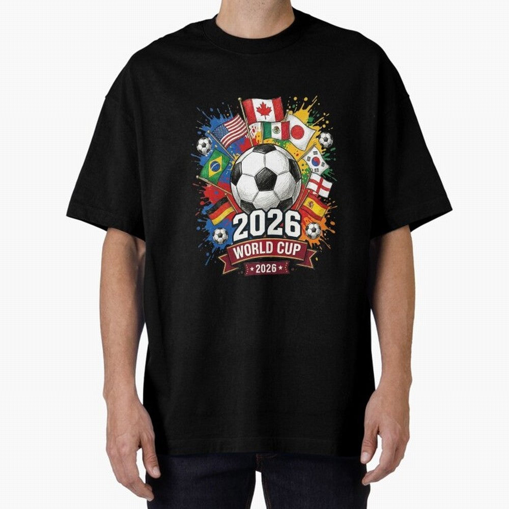 2026 World Cup Soccer Flags Graphic Oversized T-Shirt Bring Trophy Dreams to FIFA World Cup 2026 USA Canada Mexico for Fans of Messi, Neymar and Mbappe and Spain and Netherlands, Bringing Worldwide Fan Energy, Dramatic Goals, Stadium Lights and
